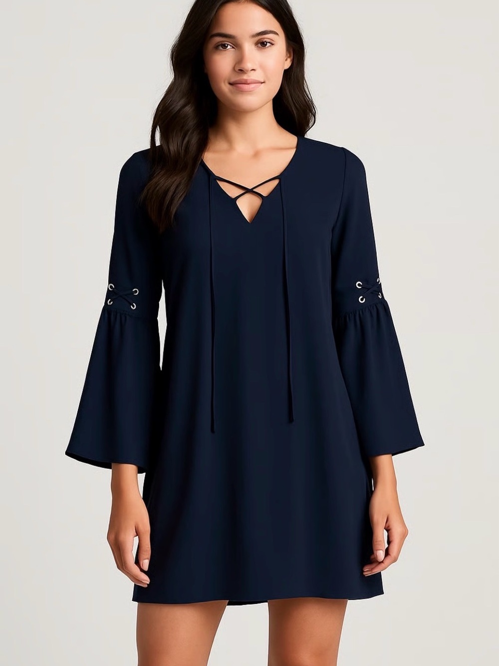 VENUS Navy Blue Bell Sleeve Tie-Front Dress - Size Large